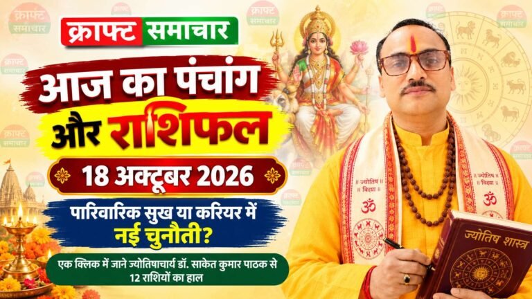 आज का पंचांग और राशिफल 18 अक्टूबर 2026: पारिवारिक सुख या करियर में नई चुनौती? एक क्लिक में जानें ज्योतिषाचार्य डॉ. साकेत कुमार पाठक से 12 राशियों का हाल