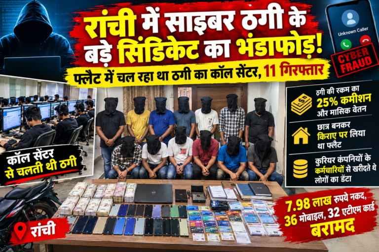 रांची में साइबर ठगी के बड़े सिंडिकेट का भंडाफोड़! फ्लैट में चल रहा था ठगी का कॉल सेंटर, 11 गिरफ्तार 4 रांची में साइबर ठगी के बड़े सिंडिकेट का भंडाफोड़! फ्लैट में चल रहा था ठगी का कॉल सेंटर, 11 गिरफ्तार